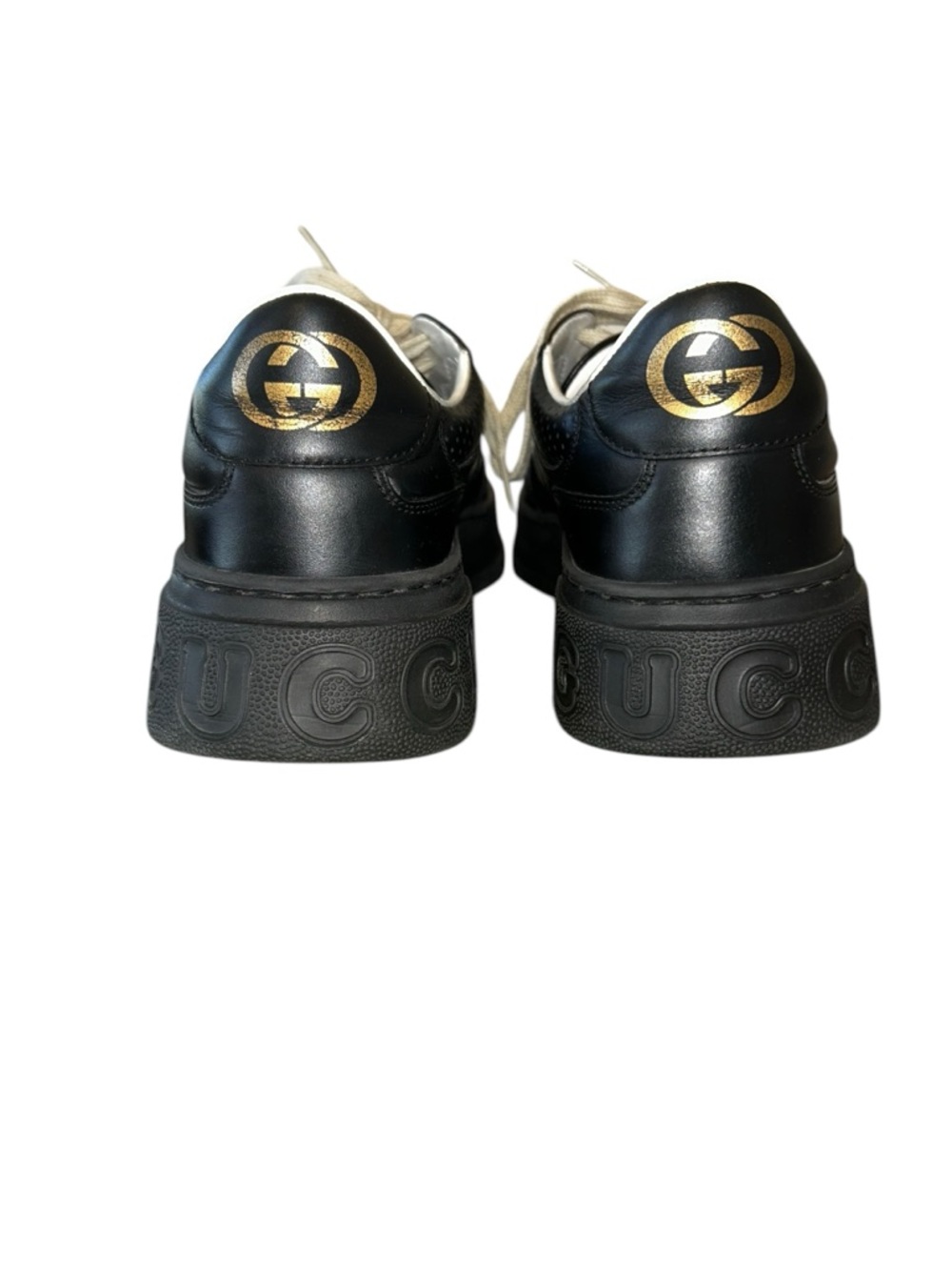 Gucci Embossed  Black Leather Chunky Sneakers with Cream Laces - Picture 2 of 9